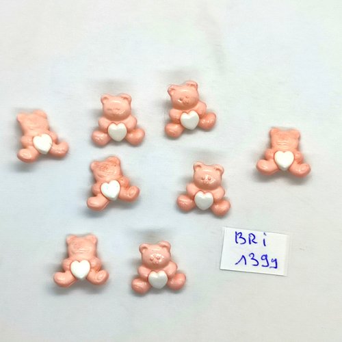 8 boutons fantaisie en résine rose et blanc (un oursavec un coeur) - 15x15mm - bri1399