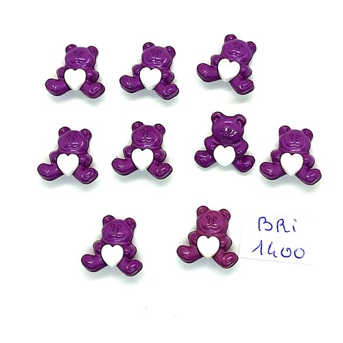 9 boutons fantaisie en résine violet et blanc (un ours avec un coeur) - 15x15mm - bri1400