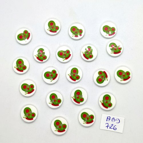 20 boutons fantaisie en résine vert et rouge (escargot) - 13mm - abd726