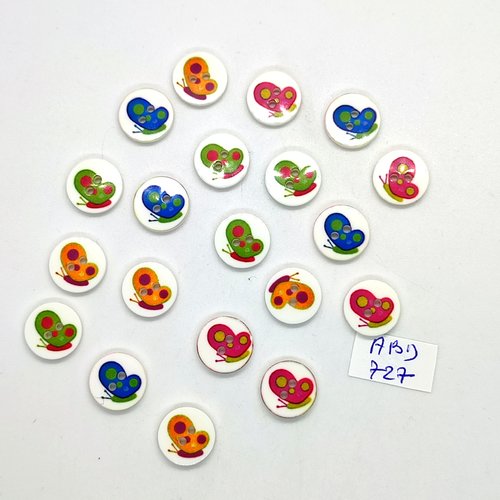 20 boutons fantaisie en résine multicolore (escargot) - 13mm - abd727