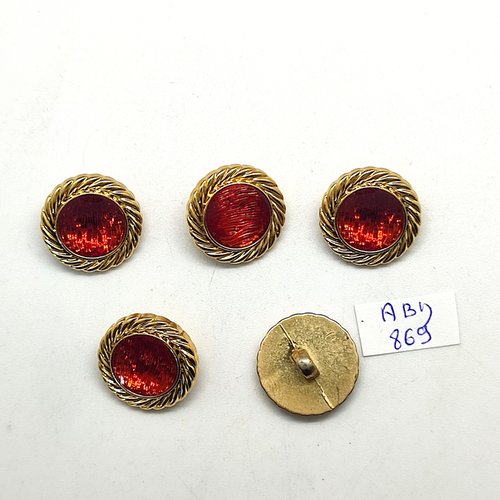 5 boutons en résine rouge / orangé et doré - 20mm - abd869