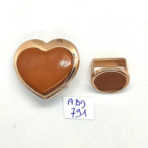 1 boucle de ceinture en métal doré er résine caramel un coeur - 35x32mm - abd791