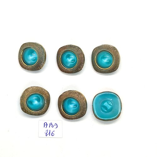 6 boutons en verre bleu et résine doré - 21x21mm - abd816