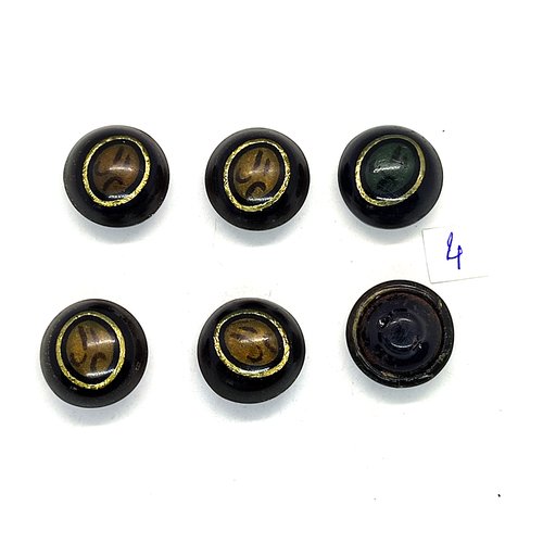 6 boutons en bakélite doré et marron et métal noir dessous - 19mm