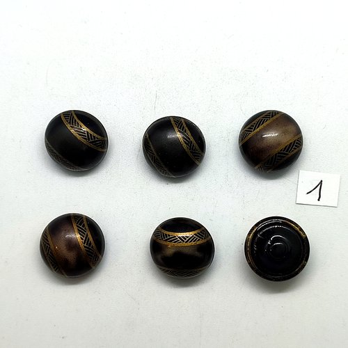 6 boutons en bakélite doré et gris / noir et métal dessous - 18mm