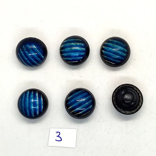 6 boutons en bakélite bleu et noir et métal dessous - 16mm