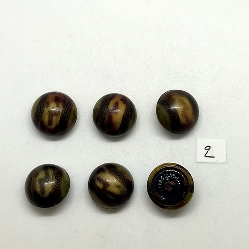 6 boutons en bakélite vert / gris et métal dessous - 18mm