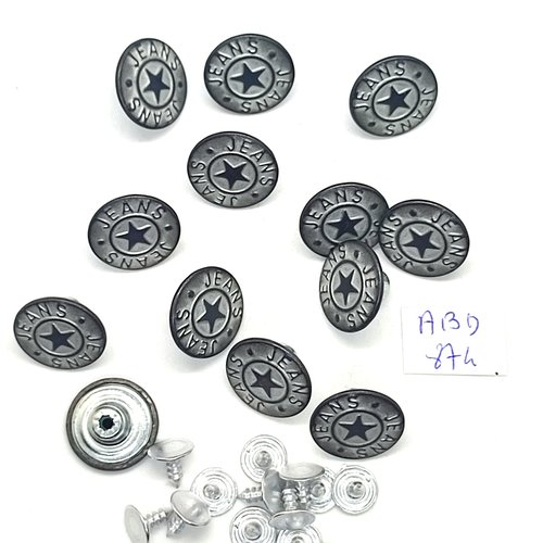 13 boutons pressions en métal argenté - jeans - 17mm - abd874