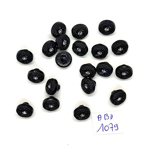 20 boutons en résine noir et strass - 10mm - abd1079