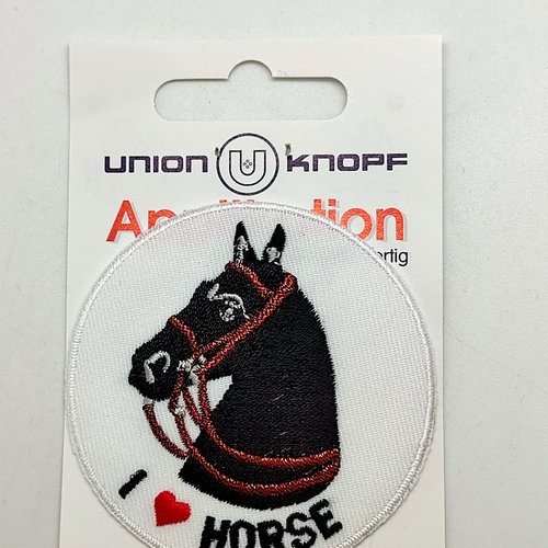 1 thermocollant / écusson à coudre - tete de cheval noir sur fond blanc - 62mm