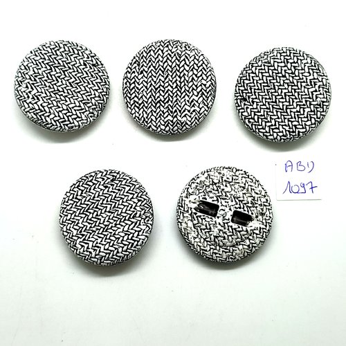 5 boutons en résine blanc et noir - 34mm - abd1097