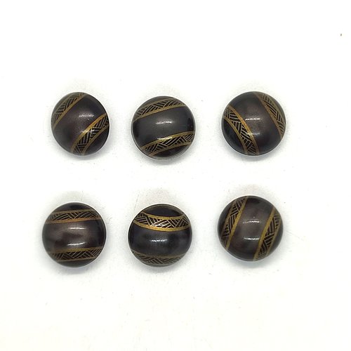 6 boutons en bakélite gris et doré et dessous métal - 18mm