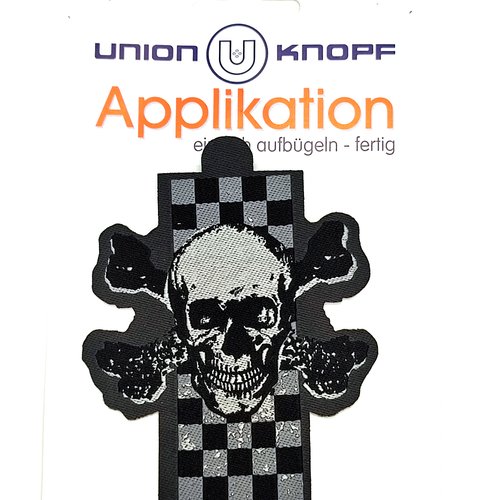 1 thermocollant / écusson à coudre gris et noir - tete de mort - 10x8cm