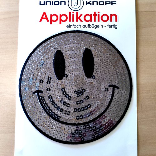 1 thermocollant / écusson à coudre avec sequin gris et noir - smeley - 14cm