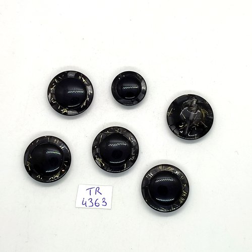 6 boutons résine noir et doré - 23mm et 18mm - tr4363