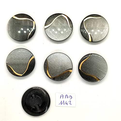 7 boutons résine gris foncé et doré - 27mm- abd1142