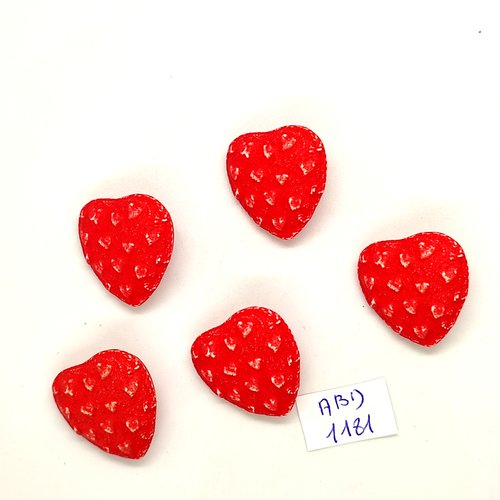 5 boutons fantaisie en résine rouge (coeur) - 25x25mm - abd1181