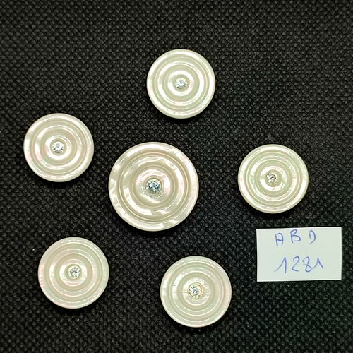 6 boutons résine beige clair / ivoire avec strass - 23mm et 18mm - abd1281