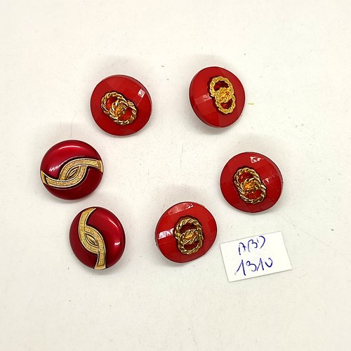 6 boutons résine rouge foncé et doré - 18mm - abd1310