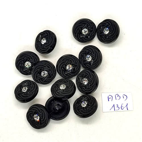13 boutons résine noir et strass - 15mm - abd1361