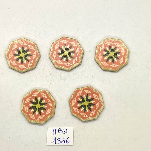 5 boutons résine  orange et vert - 21mm - abd1516