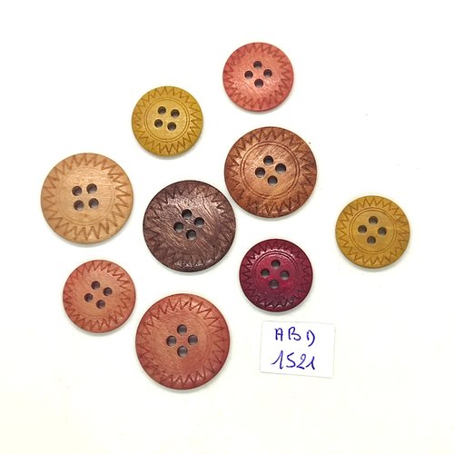 9 boutons bois marron et ocre - 18mm et 24mm - abd1521