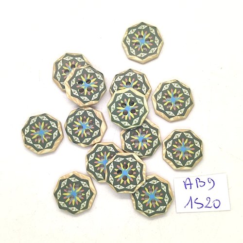 14 boutons résine vert - 15mm - abd1520