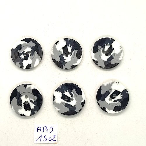 6 boutons résine noir gris et blanc - 22mm - abd1502