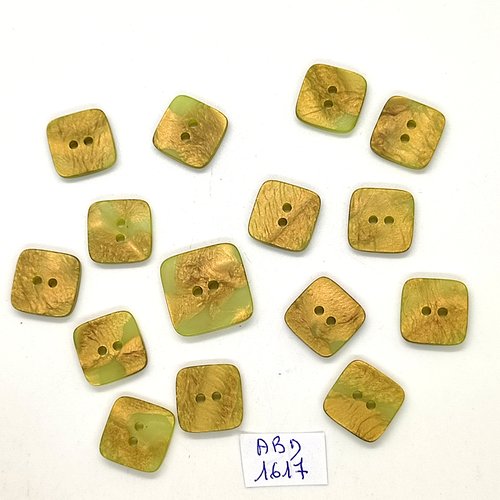 21 boutons en résine vert et doré - 14x14mm et 12x12mm - abd1616