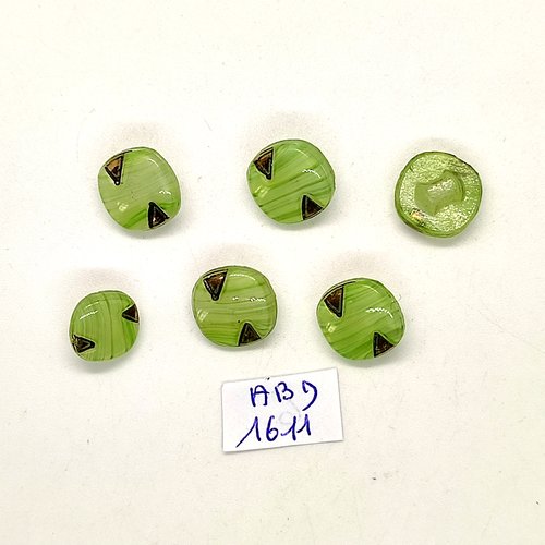 6 boutons en verre vert et doré - 13mm et 11mm - abd1611