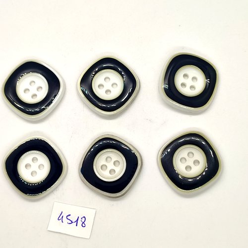 6 boutons en résine bleu foncé et blanc - 25x25mm  - tr4518