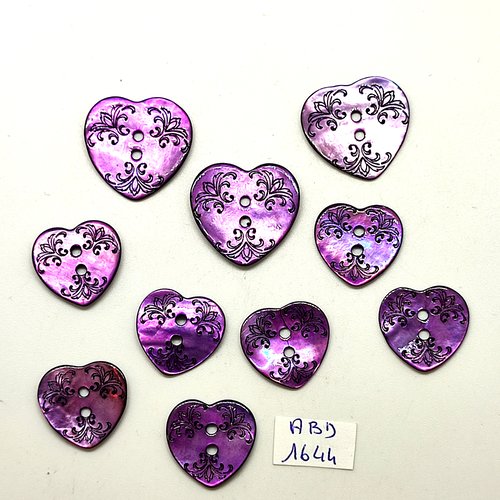 10 boutons en nacre violet - coeur - 24mm et 20mm - abd1644