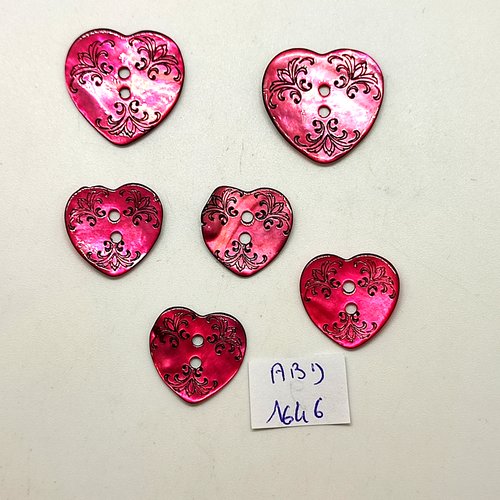 6 boutons en nacre fuchsia - coeur - 24mm et 20mm - abd1646