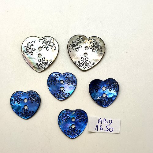 6 boutons en nacre bleu et gris - coeur - 24mm et 20mm - abd1650