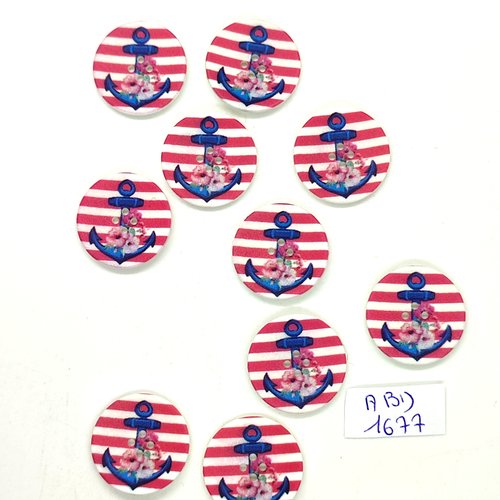 10 boutons fantatsie en résine blanc bleu et rouge - une ancre - 23mm - abd1777