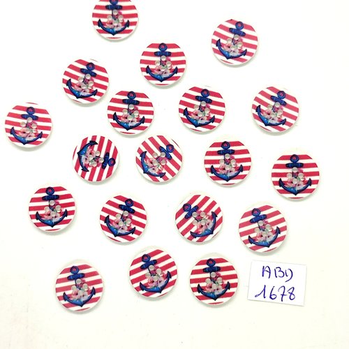 19 boutons fantatsie en résine blanc bleu et rouge - une ancre - 15mm - abd1778