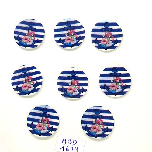 8 boutons fantatsie en résine blanc bleu et rose - une ancre - 23mm - abd1779