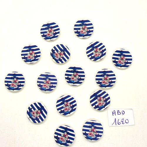 15 boutons fantatsie en résine blanc bleu et rose - une ancre - 15mm - abd1780
