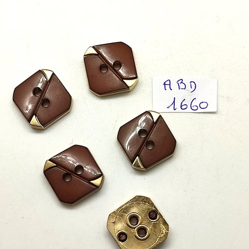 5 boutons en résine marron et doré - 15x15mm - abd1660