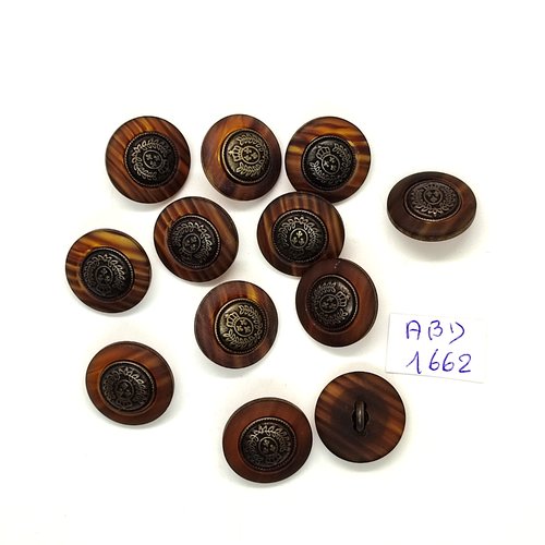 12 boutons en résine marron et métal bronze - 18mm - abd1662