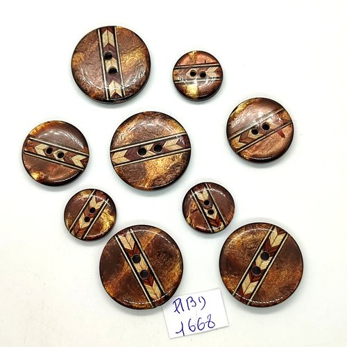 9 boutons en résine marron et beige - 28mm - 23mm et 18mm - abd1668
