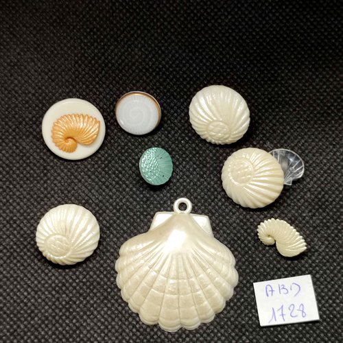 6 boutons fantaisie en résine blanc et bleu - coquillage -  taille diverse - abd1728