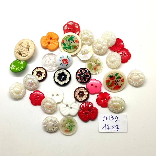 32 boutons fantaisie en résine multicolore - fleur -  taille diverse - abd1727