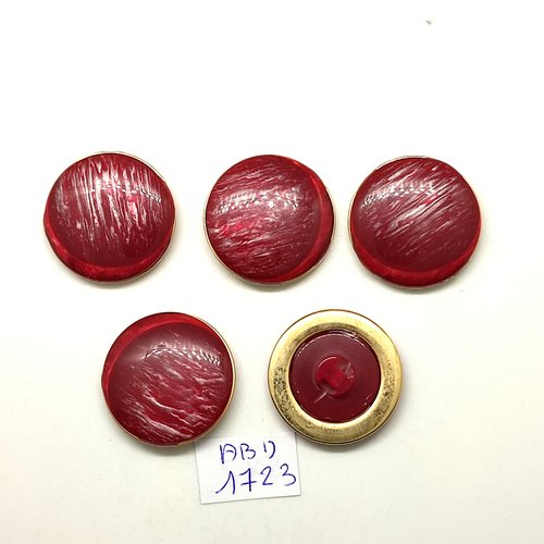 5 boutons en résine rouge foncé et métal doré - 28mm - abd1723