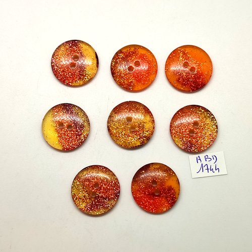8 boutons en résine orange pailleté - 22mm - abd1744