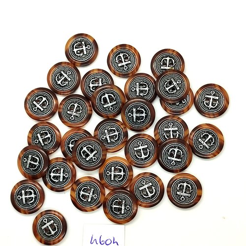 30 boutons en résine marron et argenté - une ancre - 15mm - tr4604