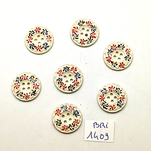 7 boutons en résine blanc cassé et fleur multicolore - 18mm - bri1409