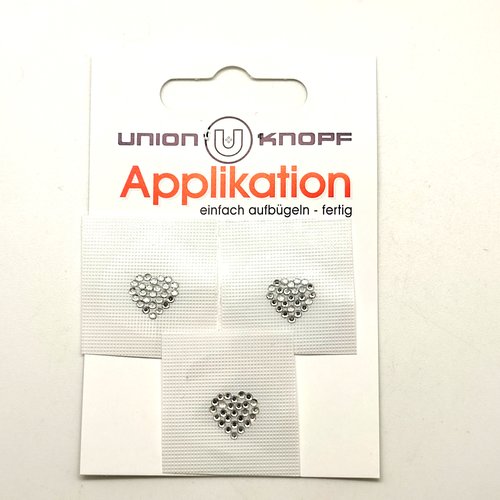 1 lot de 3 thermocollant / écusson à coudre strass argenté - coeur - 10mm