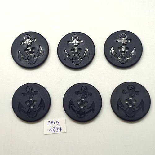 6 boutons en résine noir - un ancre - 31mm - abd1837