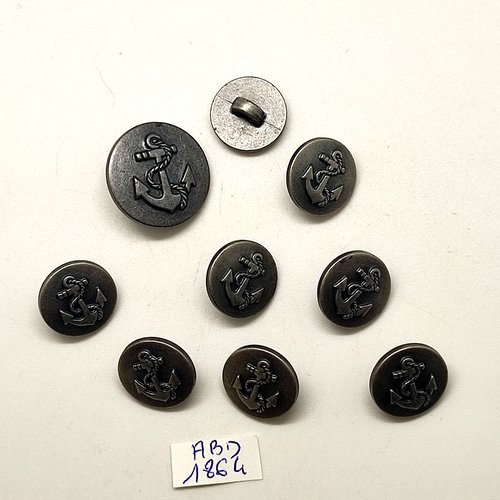 9 boutons en résine argenté mat - une ancre - 21mm et 15mm - abd1864